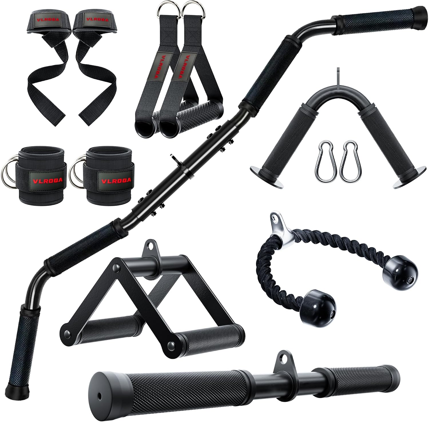 Lat Pulldown Cable - Heimfitness-Kabelzubehör-Set - Trizepsseil, Latzugstange, Fußschlaufen &